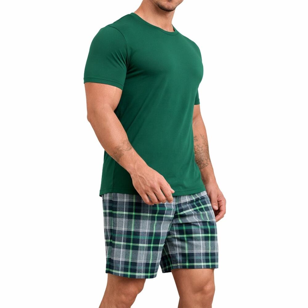 Club Room Men‎ Pajama Set Evergreen Knit Tee Grey Plaid Shorts Lounge Medium NEW